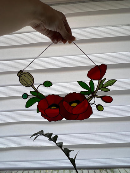 Stained Glass California Poppy Suncatcher: Red Flower Window Decor