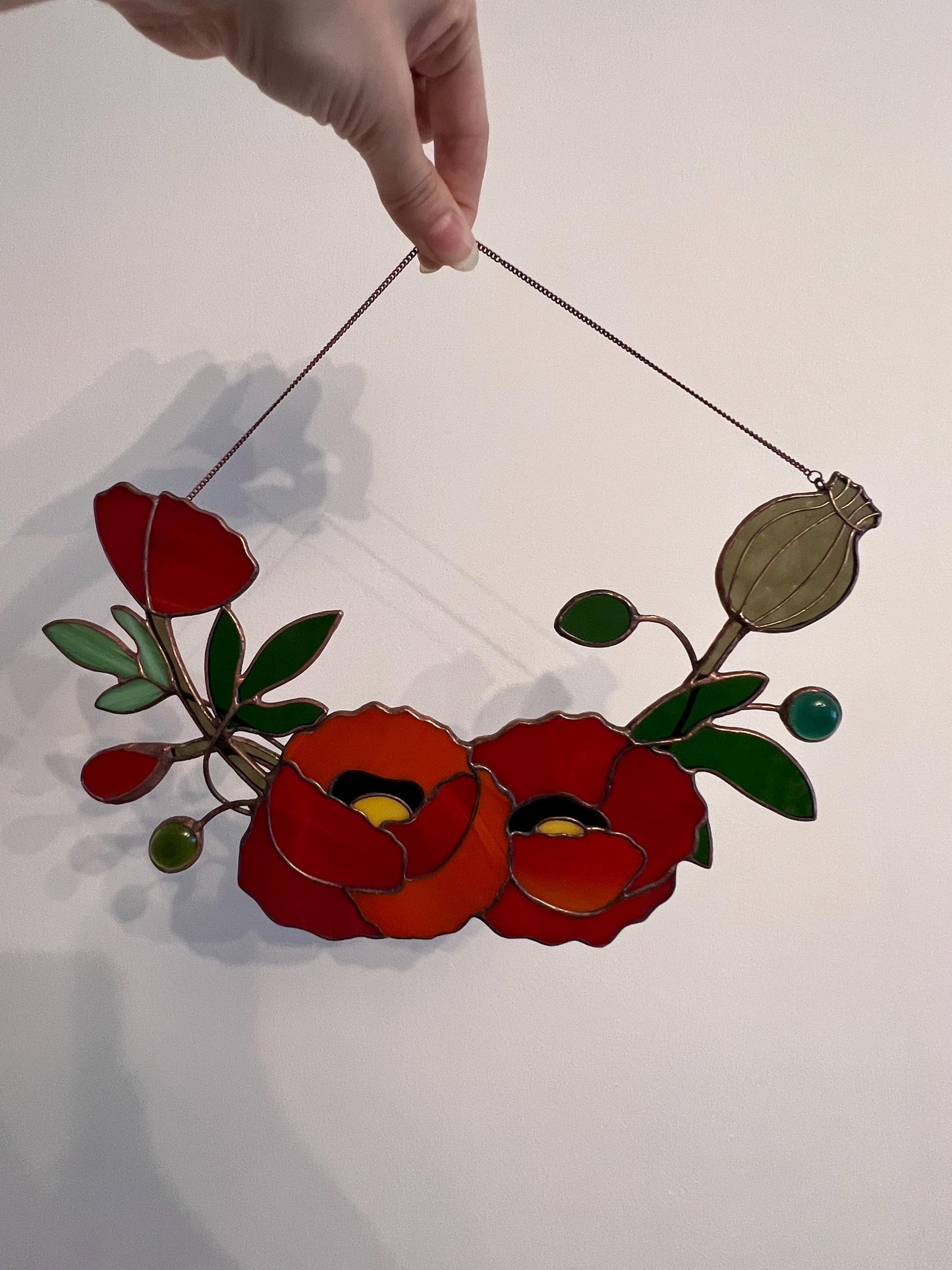 Stained glass red flower suncatcher, art glass poppy door wreath, window wall hanging, august birthday gift, hanging garden decor, mom gift