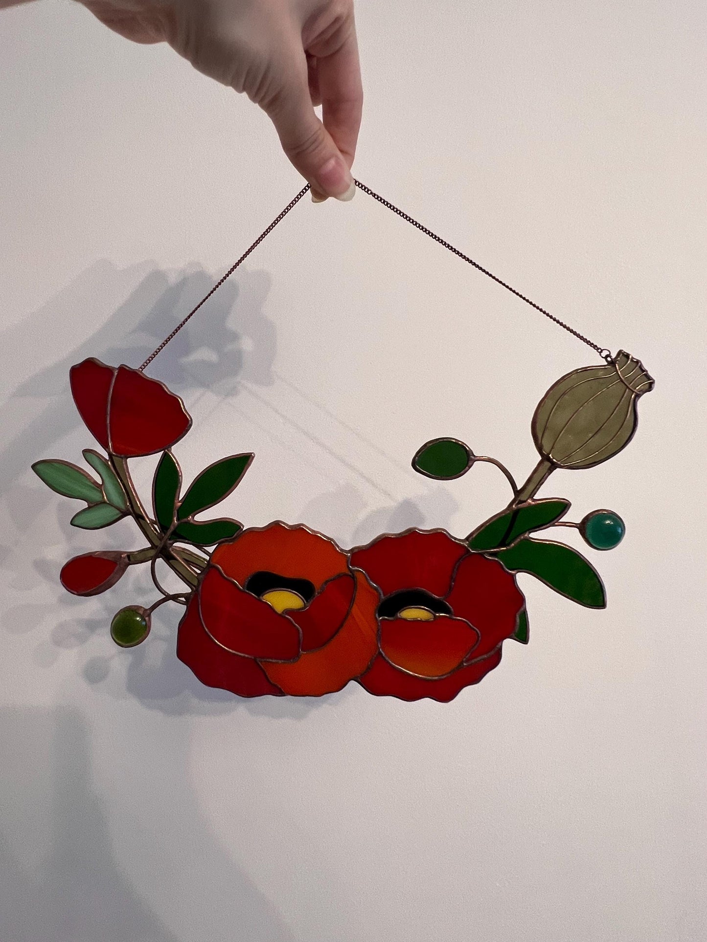Stained glass red flower suncatcher, art glass poppy door wreath, window wall hanging, august birth flower decor, hanging garden mom gift