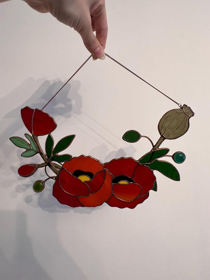 Stained glass red flower suncatcher, art glass poppy door wreath, window wall hanging, august birth flower decor, hanging garden mom gift