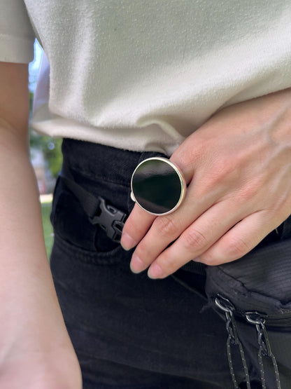 Modern chunky silver ring with black opal glass disk, everyday statement jewelry
