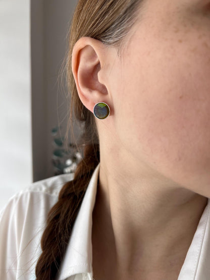 Fused Glass Stud Earrings: Green Blue Sterling Silver Jewelry