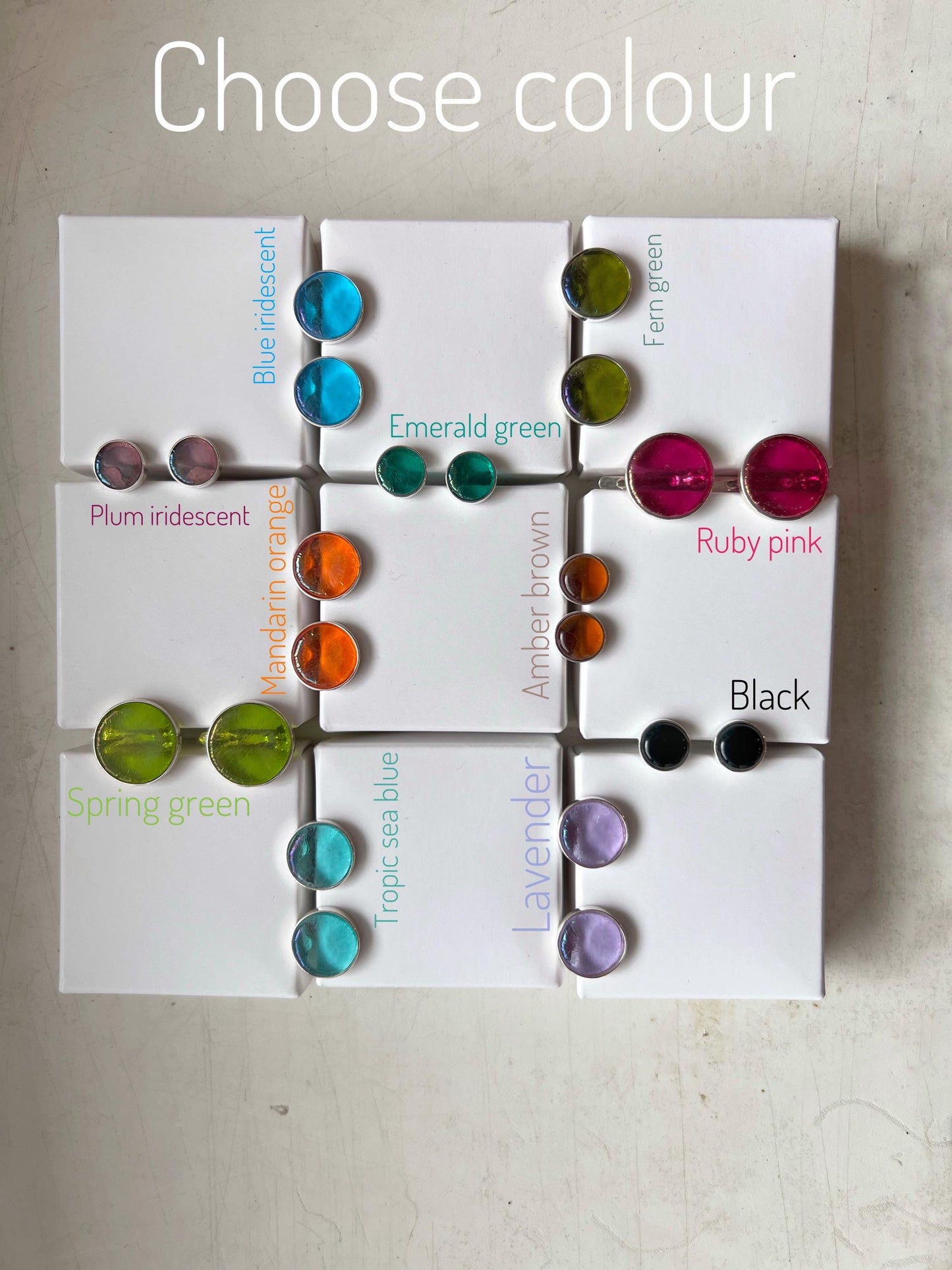 Color chart of fused glass studs – small medium large sizes