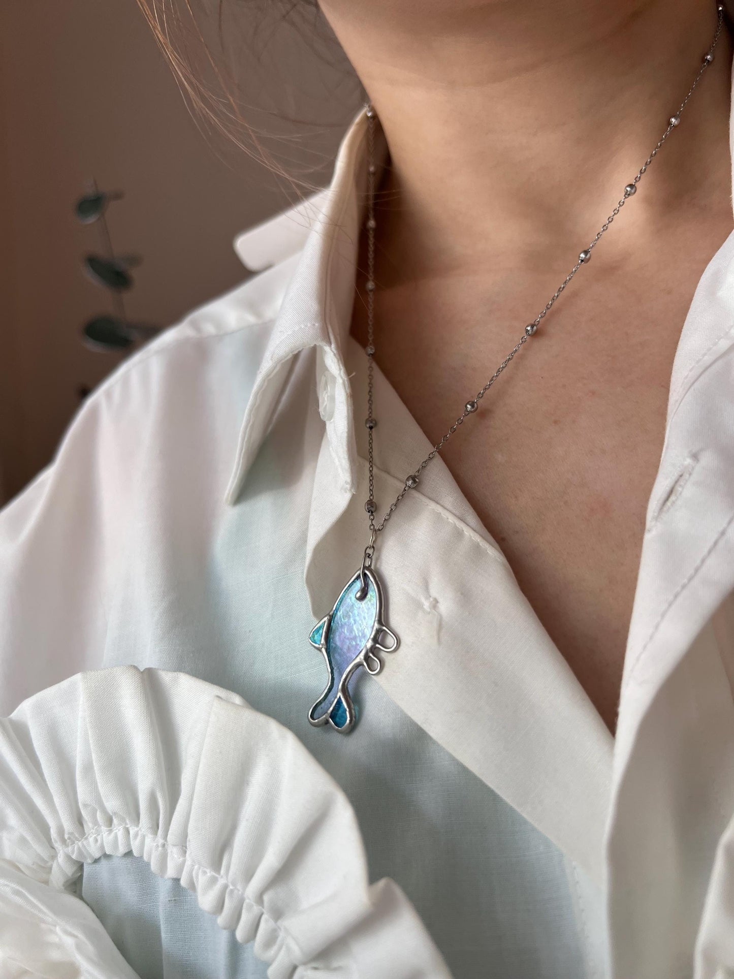 Stained Glass Sardine Necklace: Handmade Ocean Jewelry Charm