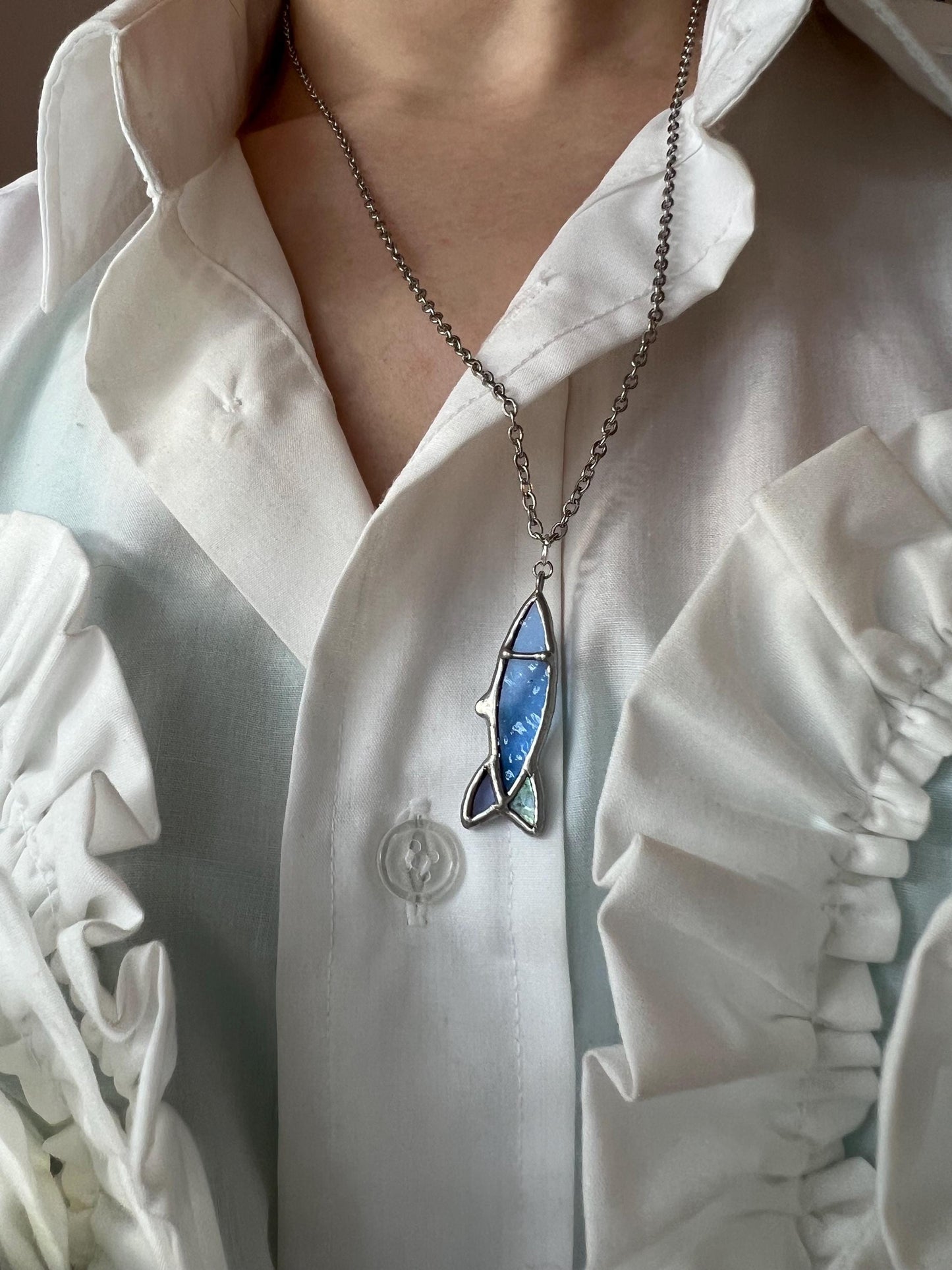 Emerald Stained Glass Goldfish Pendant: Handmade Nautical Necklace