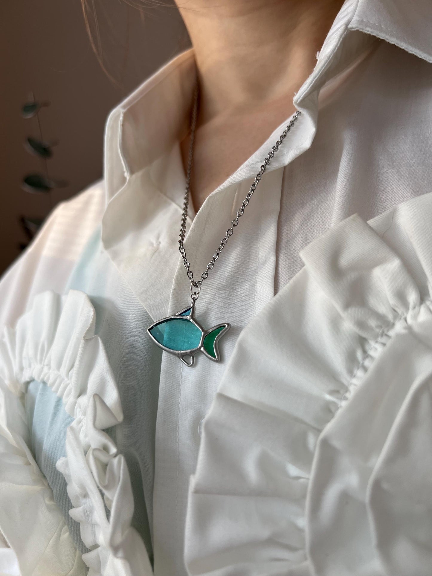 Opal Stained Glass Angel Fish Pendant: Mermaidcore Ocean Necklace