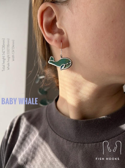 Handmade glass whale earrings side view, lightweight marine jewelry