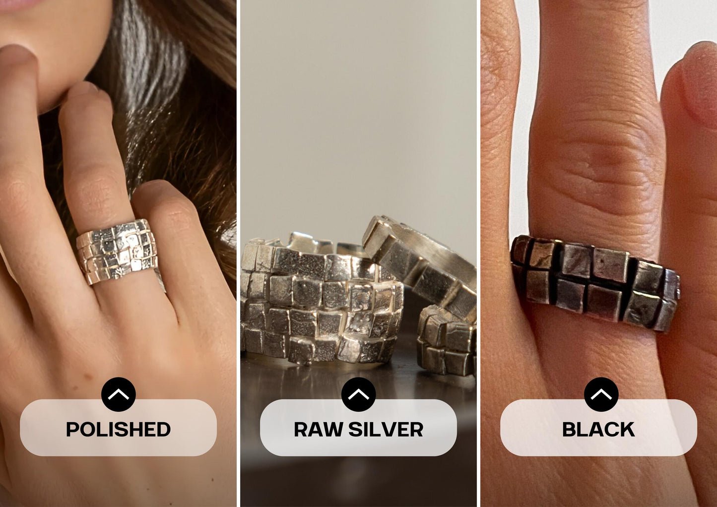Geometric brutalist rings in raw silver and black finishes – unisex design