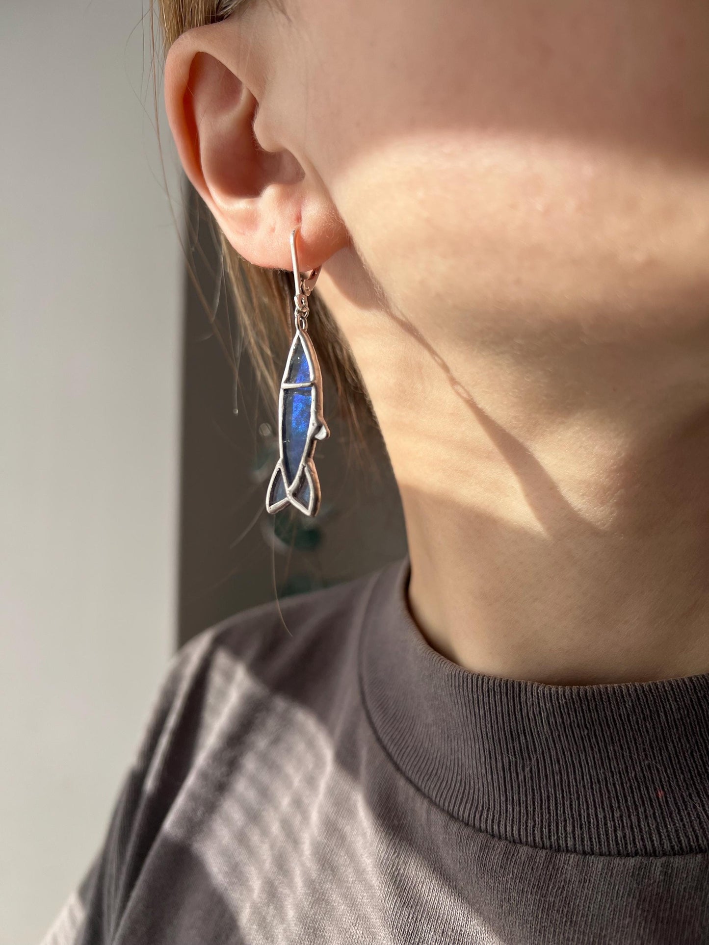 Stained Glass Sardine Earrings: Quirky Ocean Studs, Minimalist Fish Jewelry