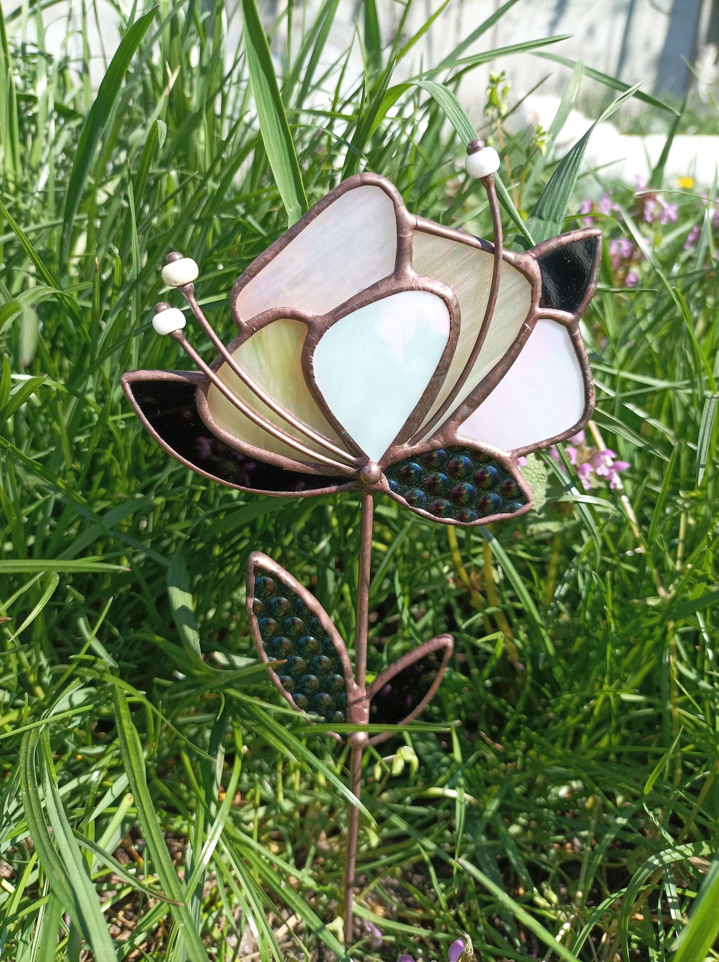 Stained Glass Flower Plant Stake: Handmade Botanical Suncatcher
