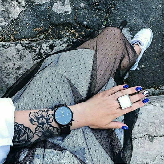 White square stained glass ring on hand minimalist style