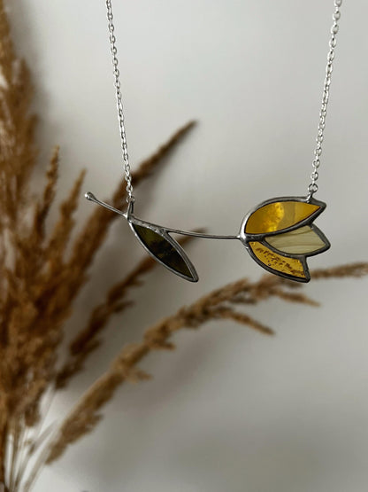 Stained Glass Tulip Necklace: Handmade Golden Flower Pendant