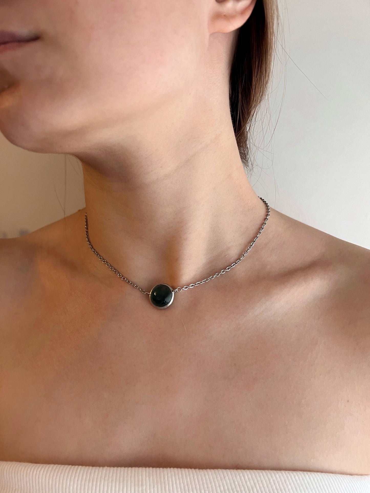 Handmade Stained Glass Choker: Blue Green Minimalist Pendant