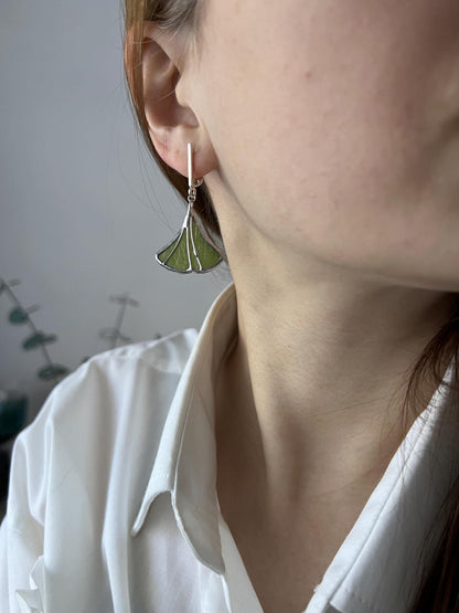 Green ginkgo biloba earrings, stained glass dangle earrings, botanical jewelry, earthy earrings, gift for grandma, nature earrings