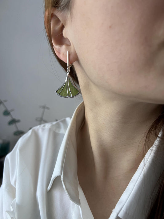 Green ginkgo biloba earrings, stained glass dangle earrings, botanical jewelry, earthy earrings, gift for grandma, nature earrings