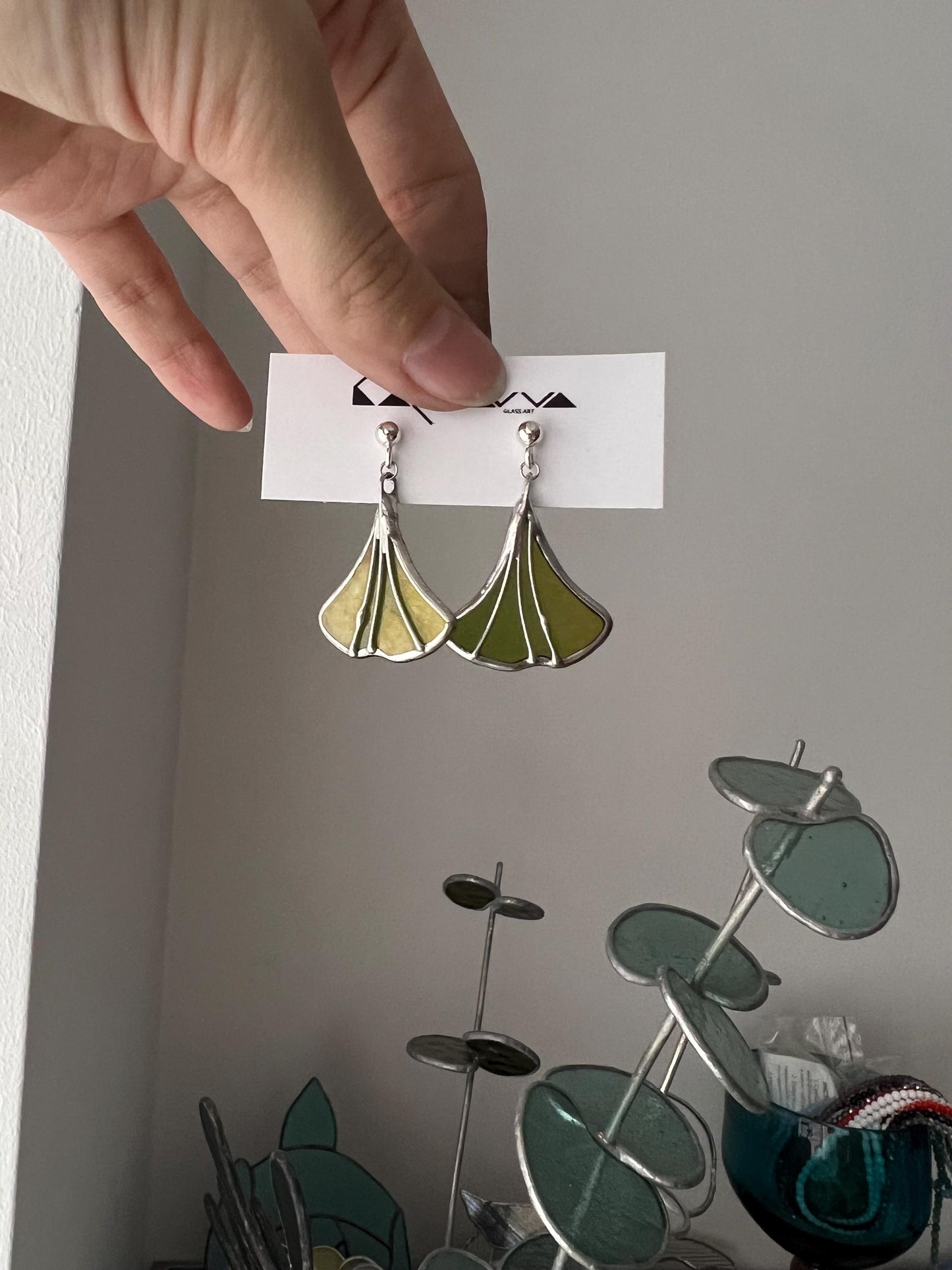 Stained Glass Ginkgo Leaf Earrings: Mint Green Botanical Jewelry