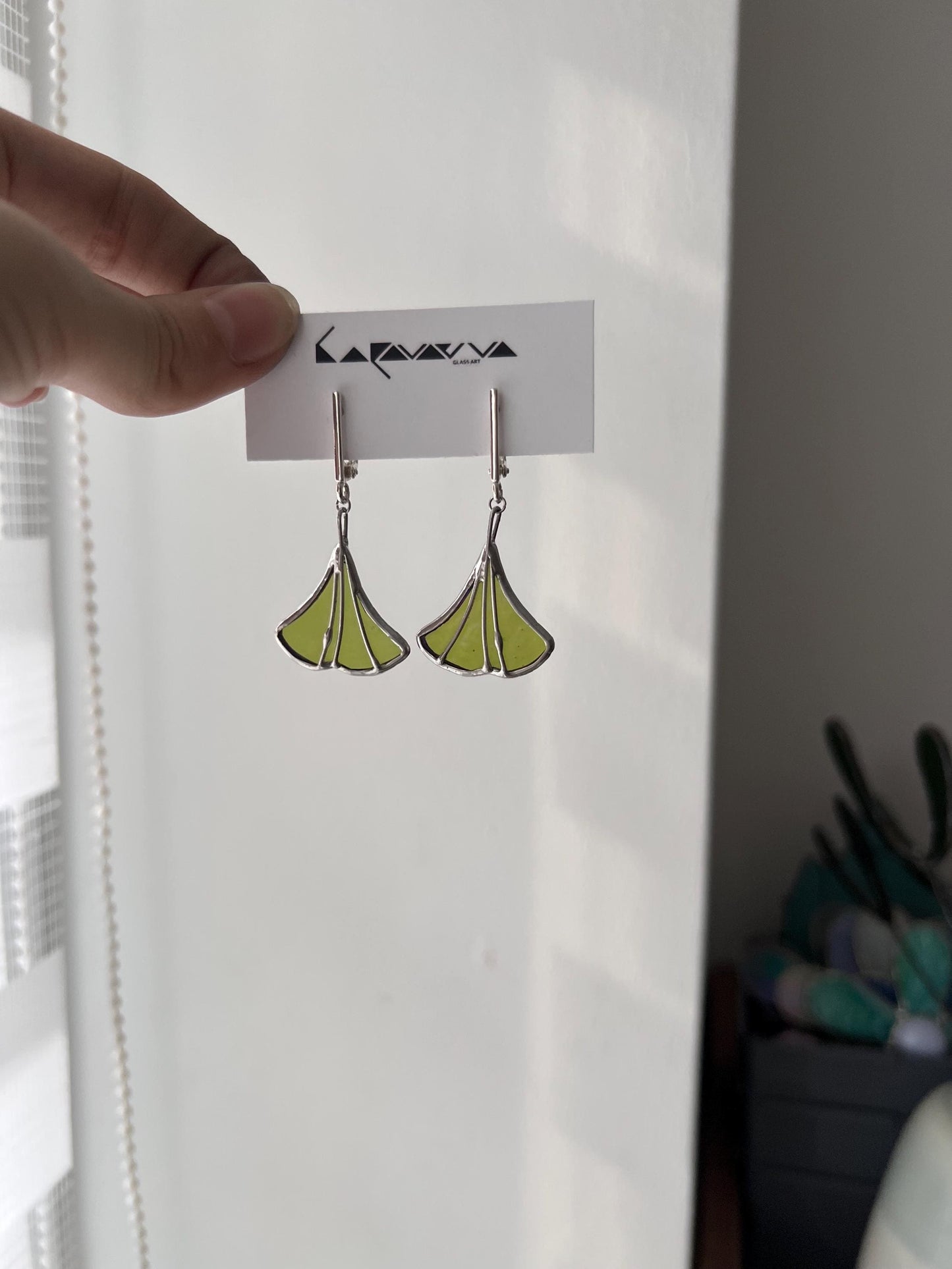 Stained Glass Ginkgo Leaf Earrings: Mint Green Botanical Jewelry