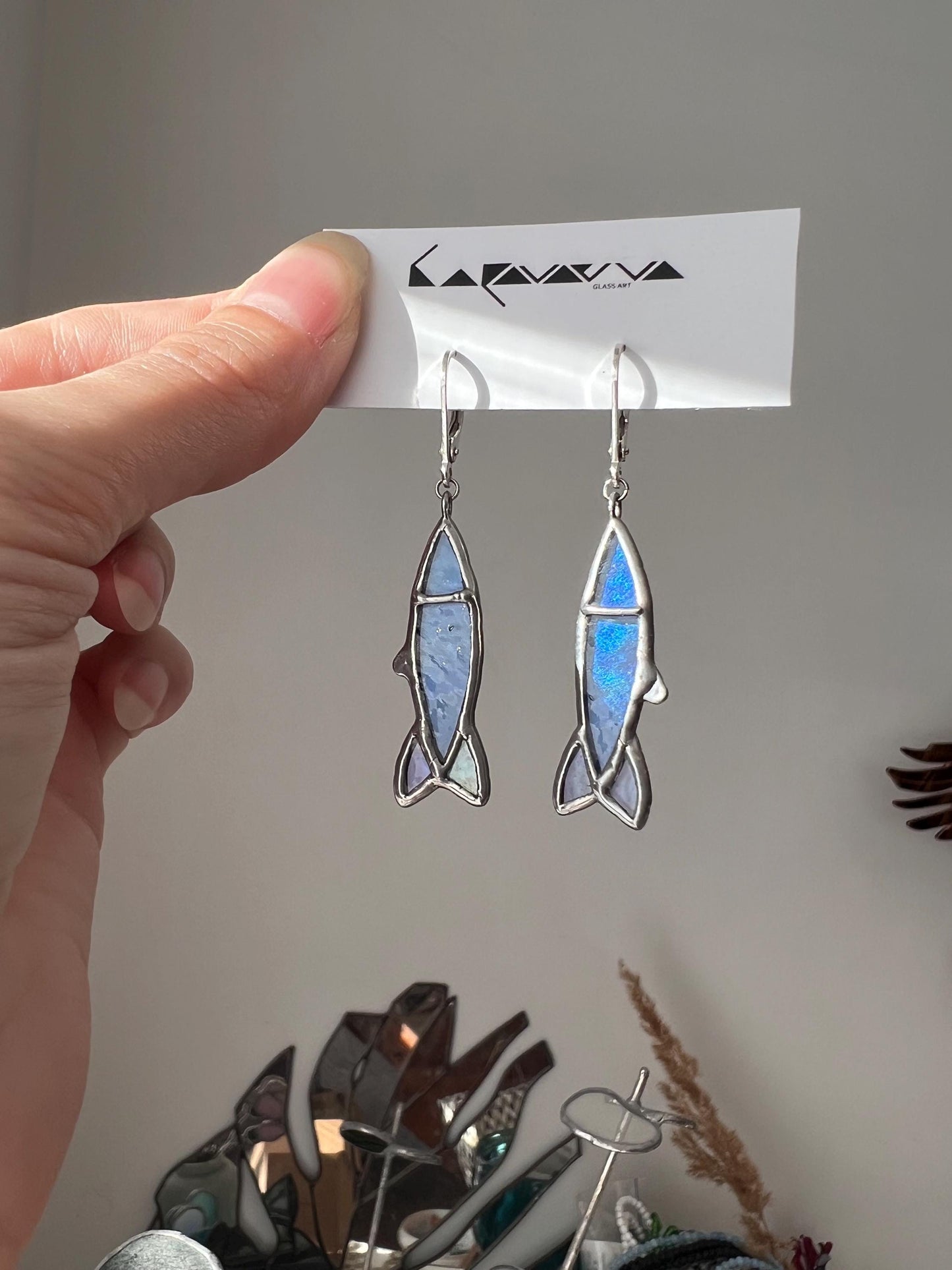 Stained Glass Sardine Earrings: Quirky Ocean Studs, Minimalist Fish Jewelry