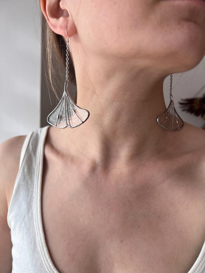 Stained Glass Ginkgo Leaf Earrings: Long Silver Dangle, Botanical Jewelry