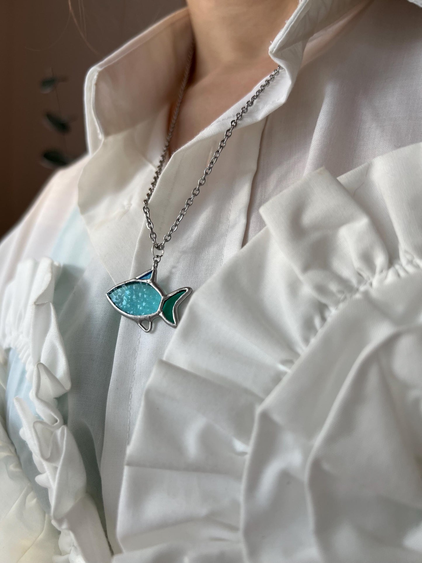 Opal Stained Glass Angel Fish Pendant: Mermaidcore Ocean Necklace