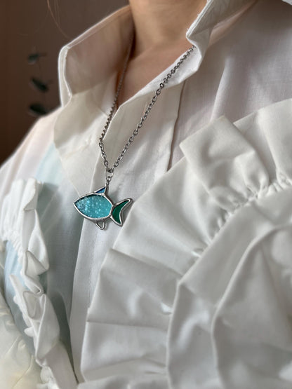 Opal Stained Glass Angel Fish Pendant: Mermaidcore Ocean Necklace