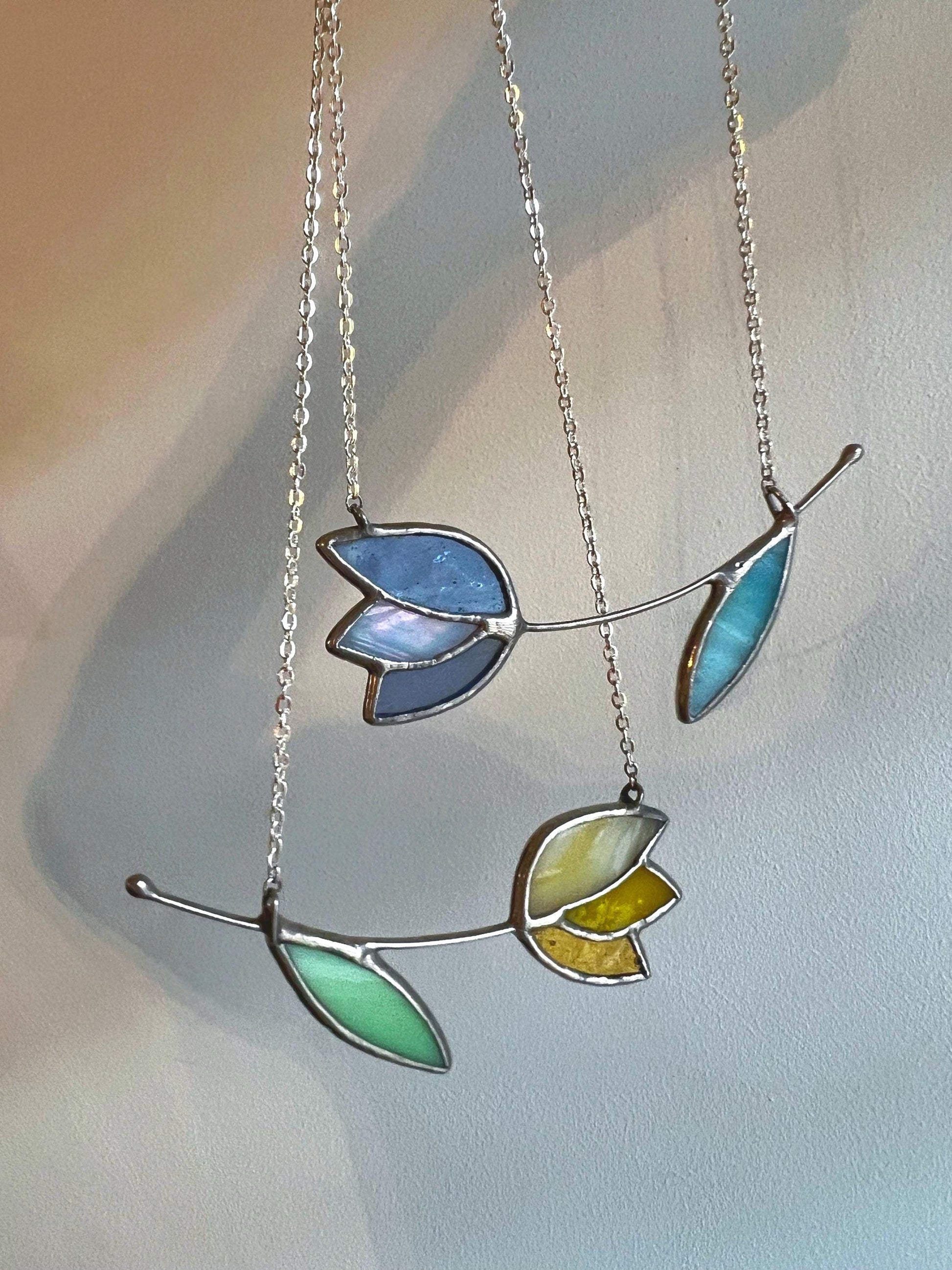 Stained glass tulip necklace in yellow and green