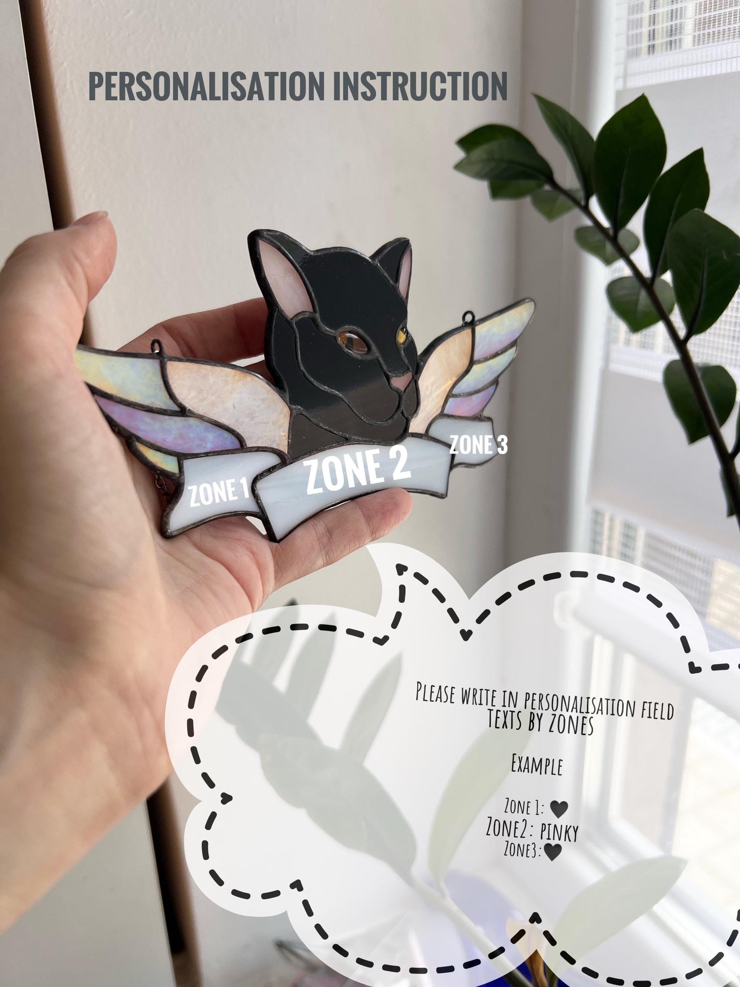Personalized cat memorial stained glass close-up in hand