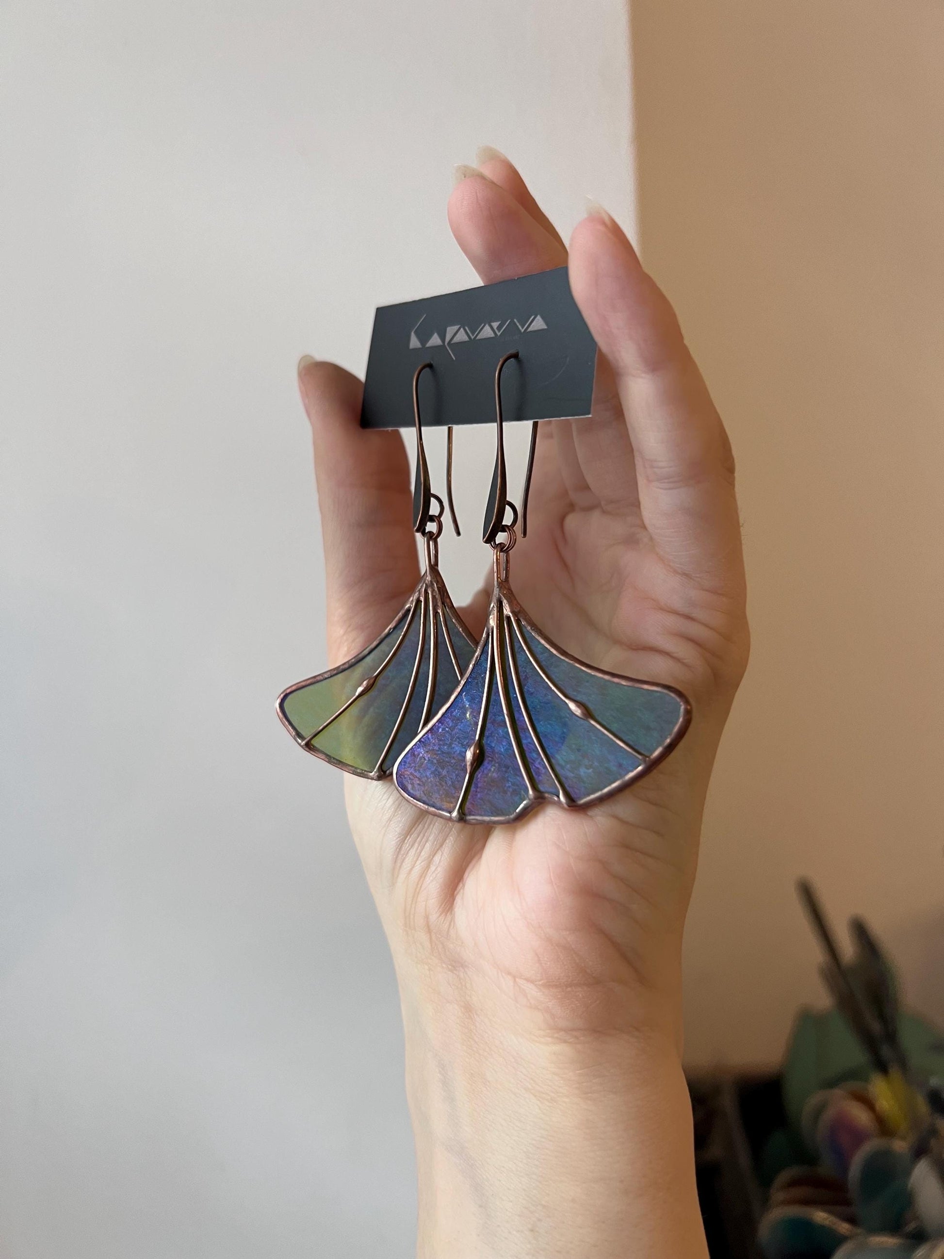 Stained Glass Ginkgo Leaf Earrings: Green Copper Dangle Plant Jewelry