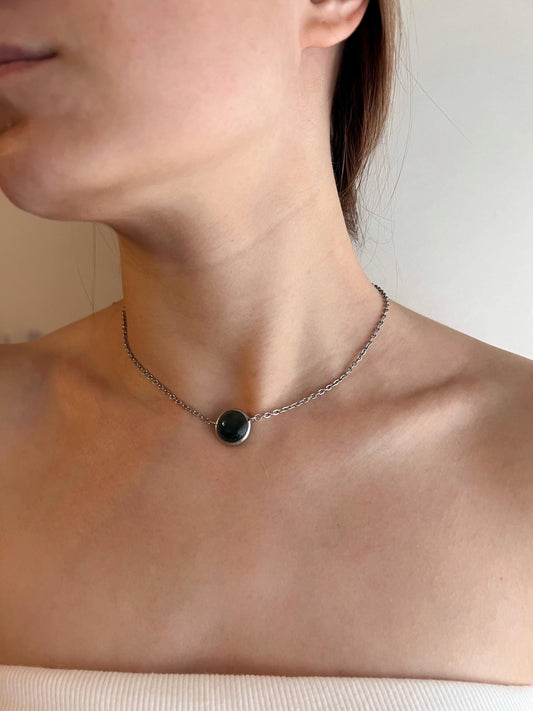 Black glass choker necklace worn on neck, minimalist gothic jewelry