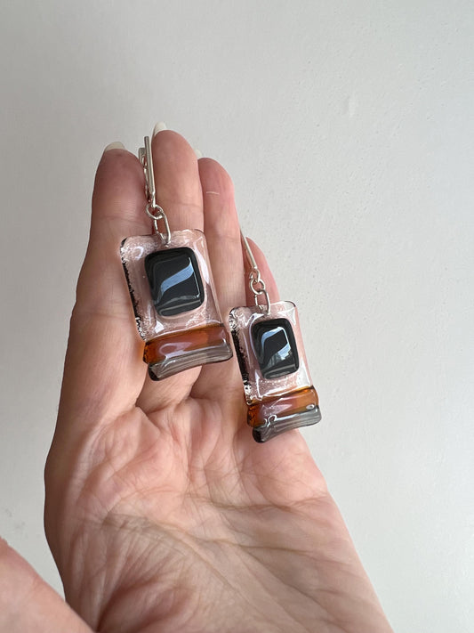 Amber black fused glass earrings on silver hooks