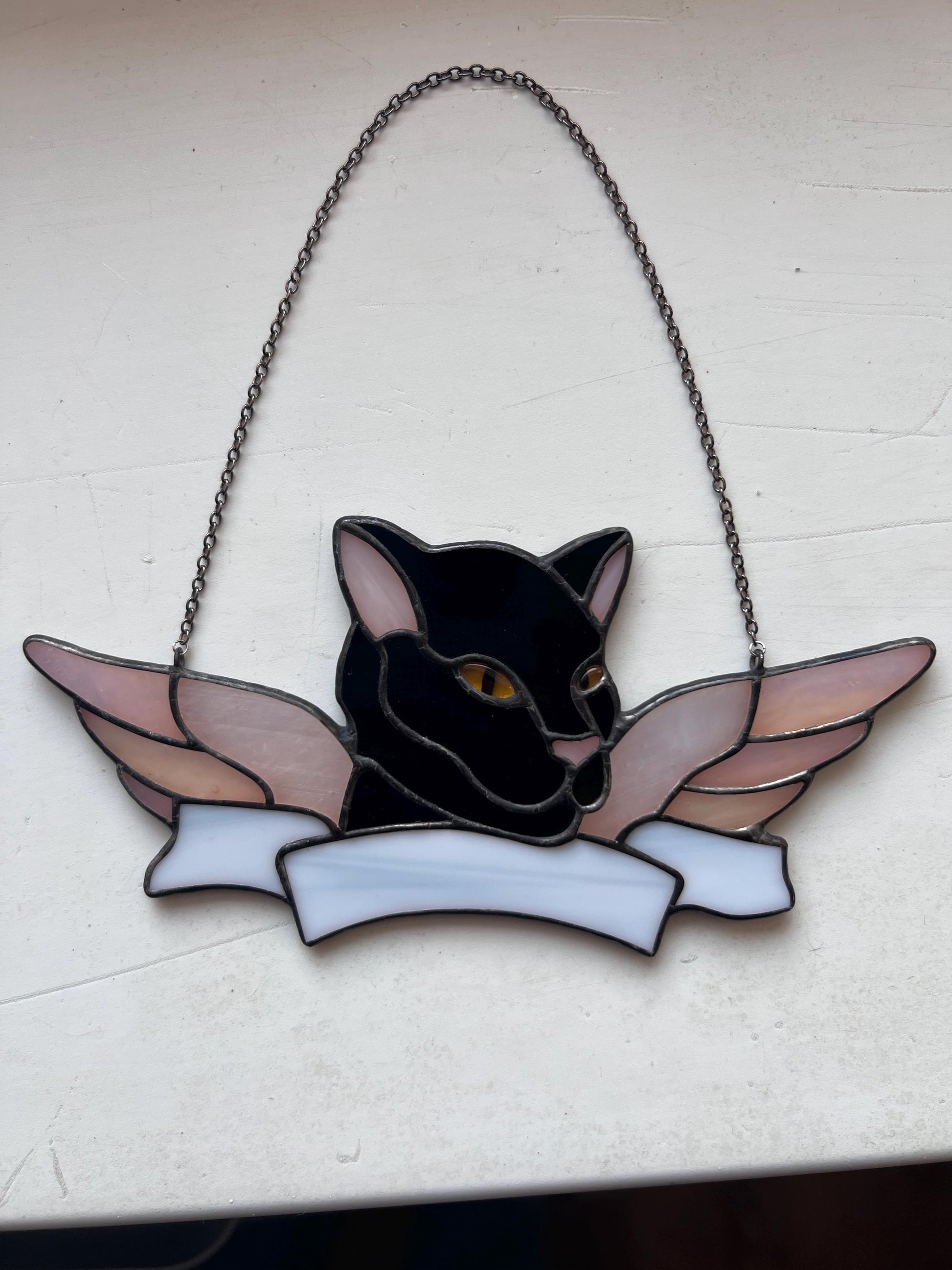Cat memorial ornament with pastel glass wings on chain