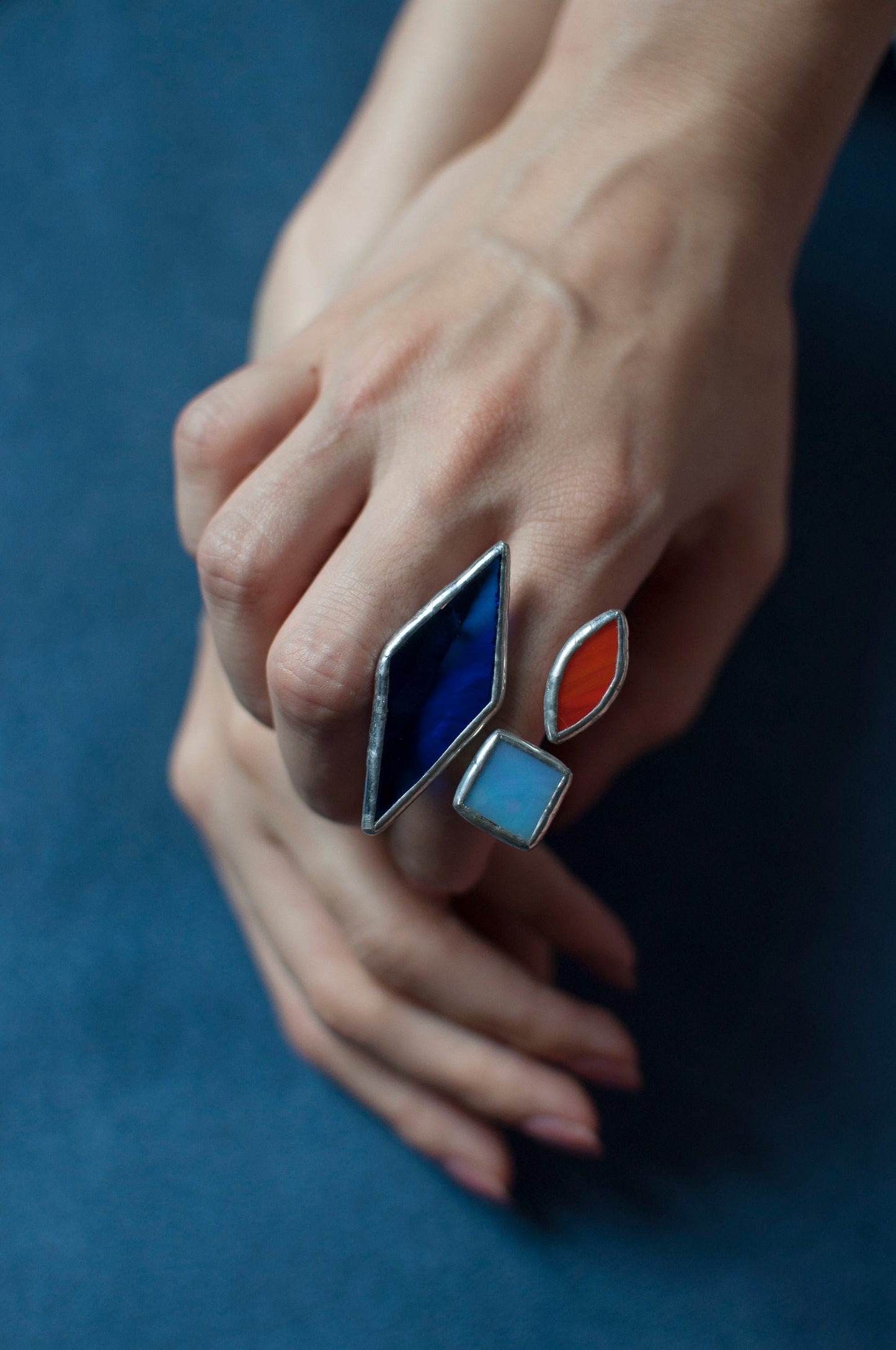 Asymmetric Blue Glass Statement Ring: Geometric Brass Cuff Jewelry