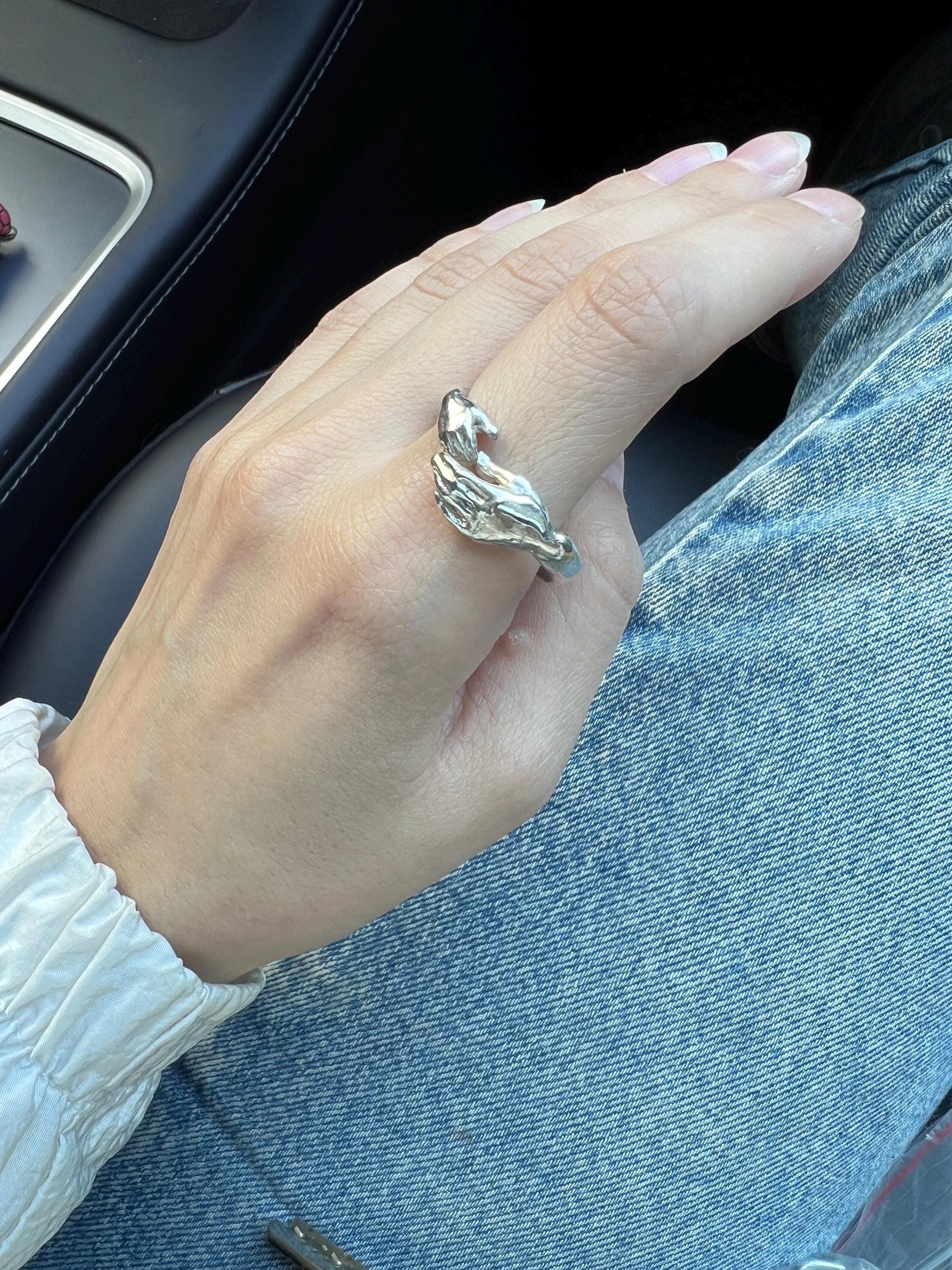 Sterling Silver Mother Daughter Ring: Minimalist Hand Design