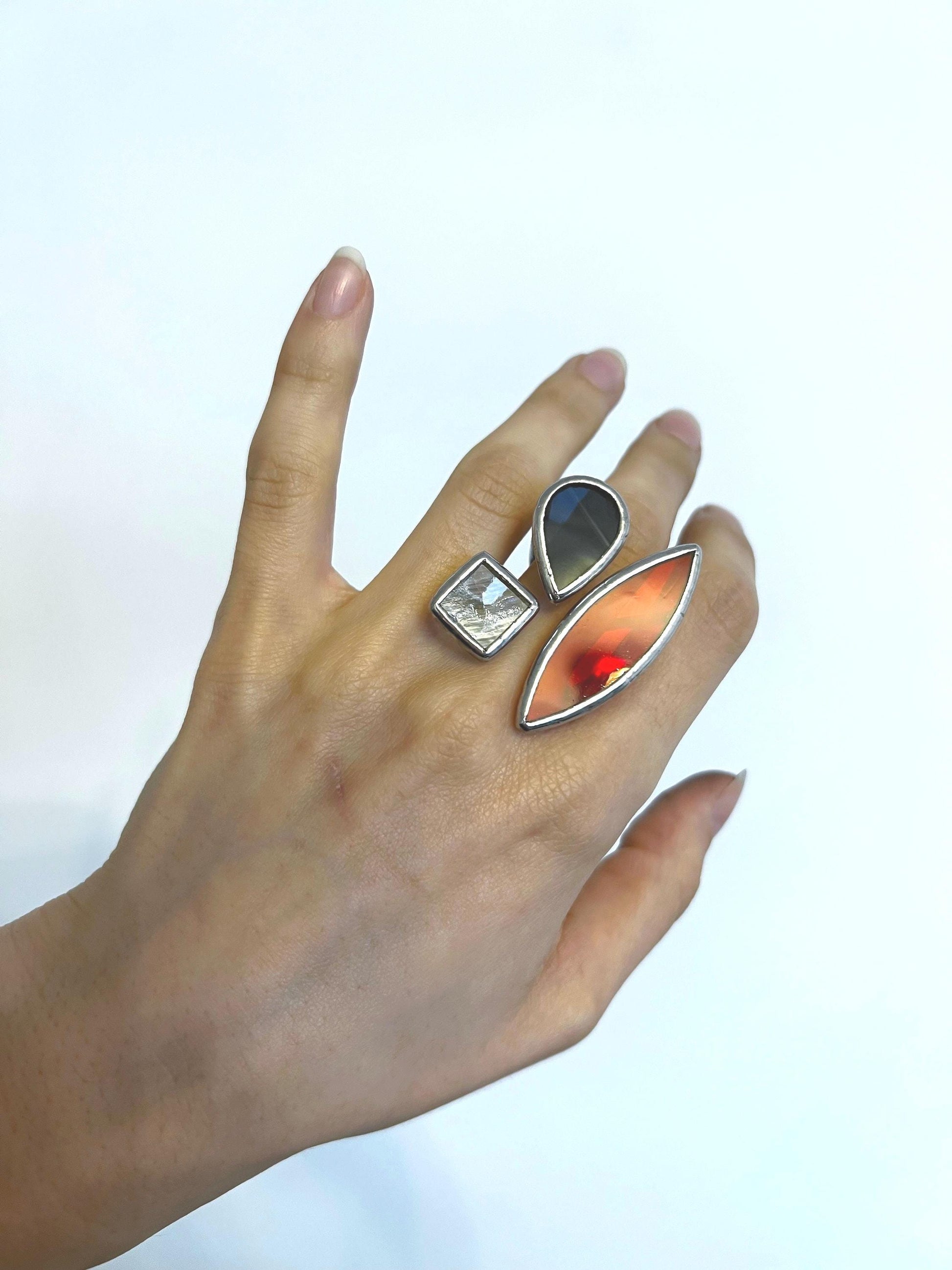 Handmade chunky open stained glass ring with marsala red blue square and clear marquise glass geometric statement jewelry