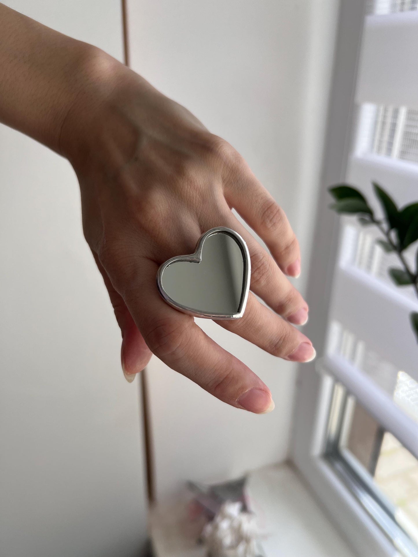 Large Modern Mirror Glass Heart Ring