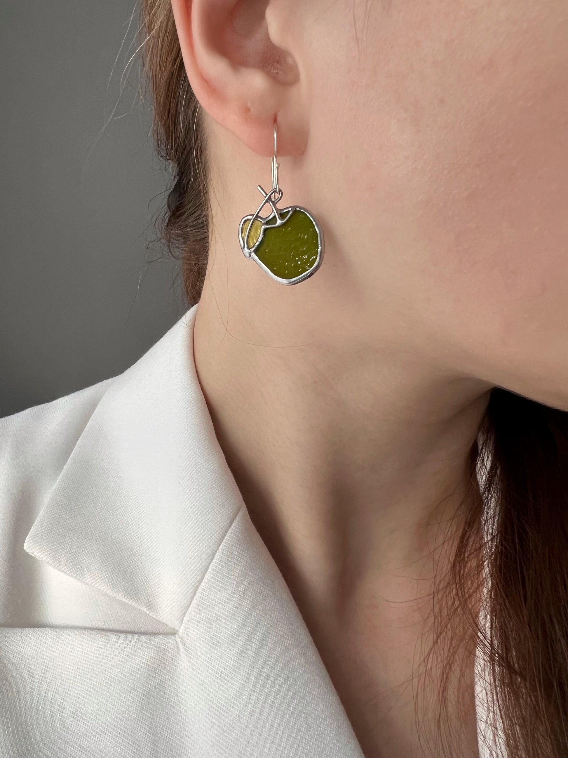 Handmade stained glass green apple earrings