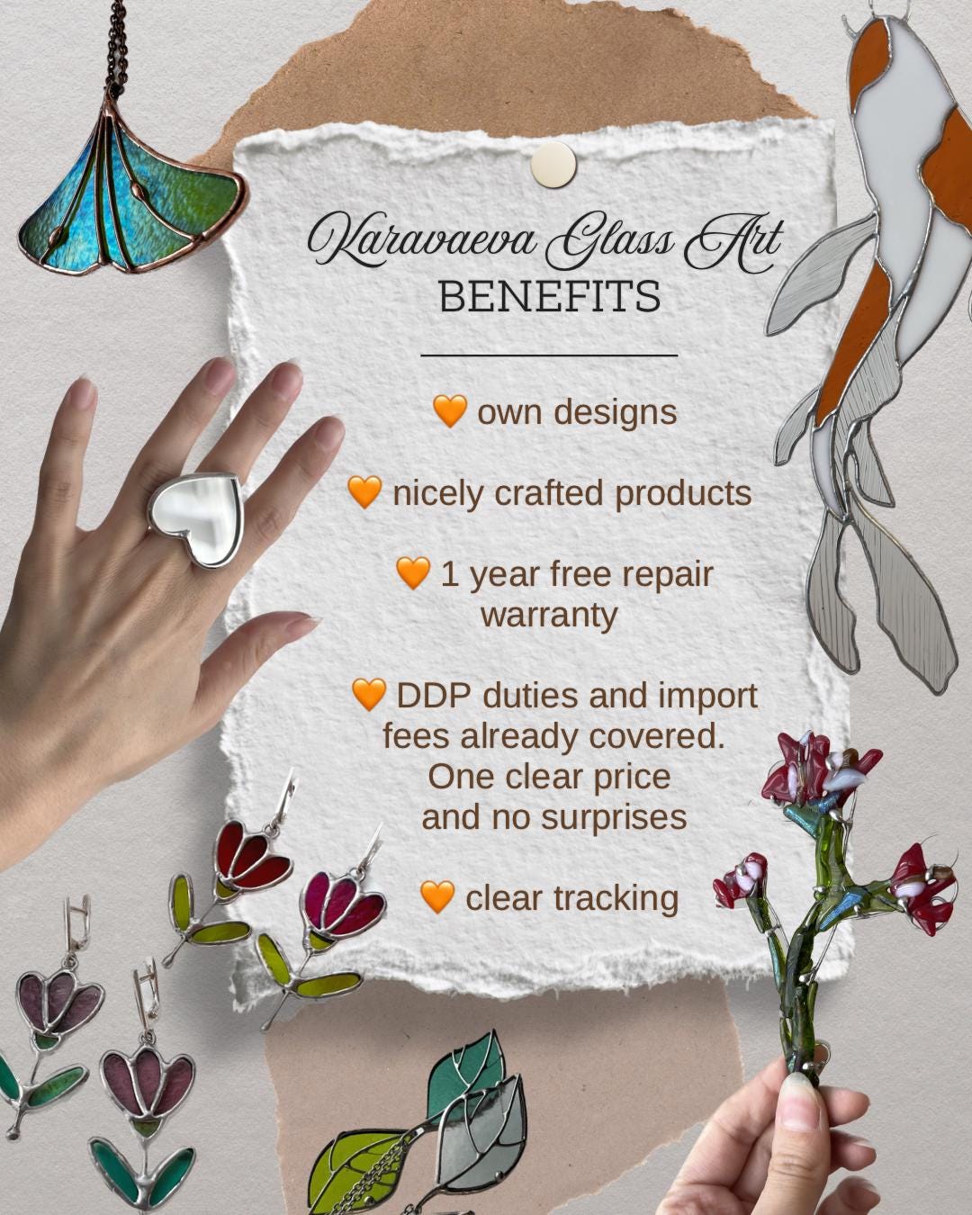 Karavaeva Glass Art Benefits poster with glass jewelry