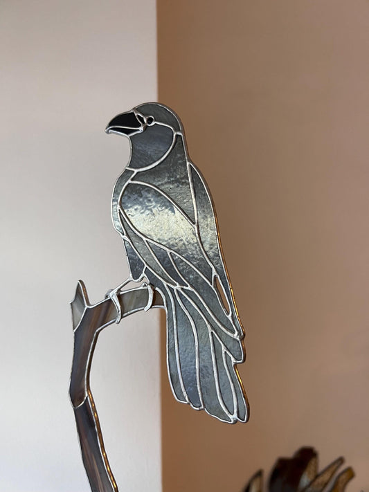Handmade stained glass black crow figurine on wooden stand – gothic bird decor