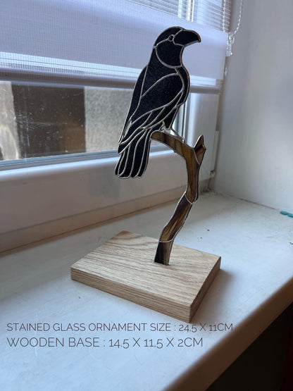 Stained Glass Black Crow – Handmade Bird Decor, Gothic Shelf Ornament