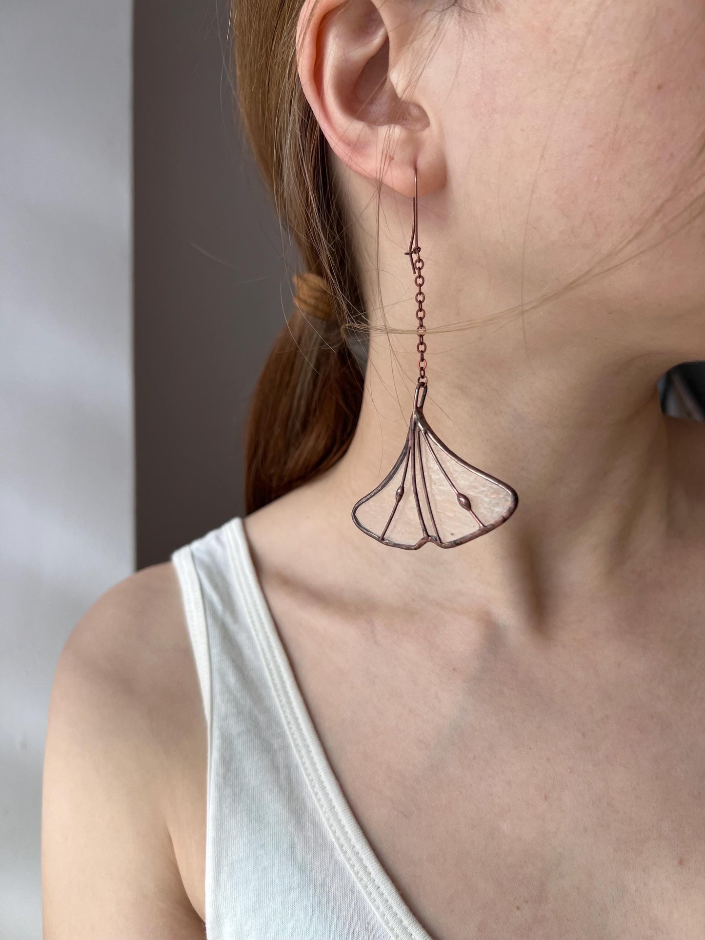 Stained Glass Ginkgo Leaf Earrings: Green Copper Dangle Plant Jewelry