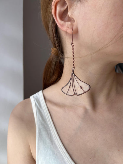 Stained Glass Ginkgo Leaf Earrings: Green Copper Dangle Plant Jewelry