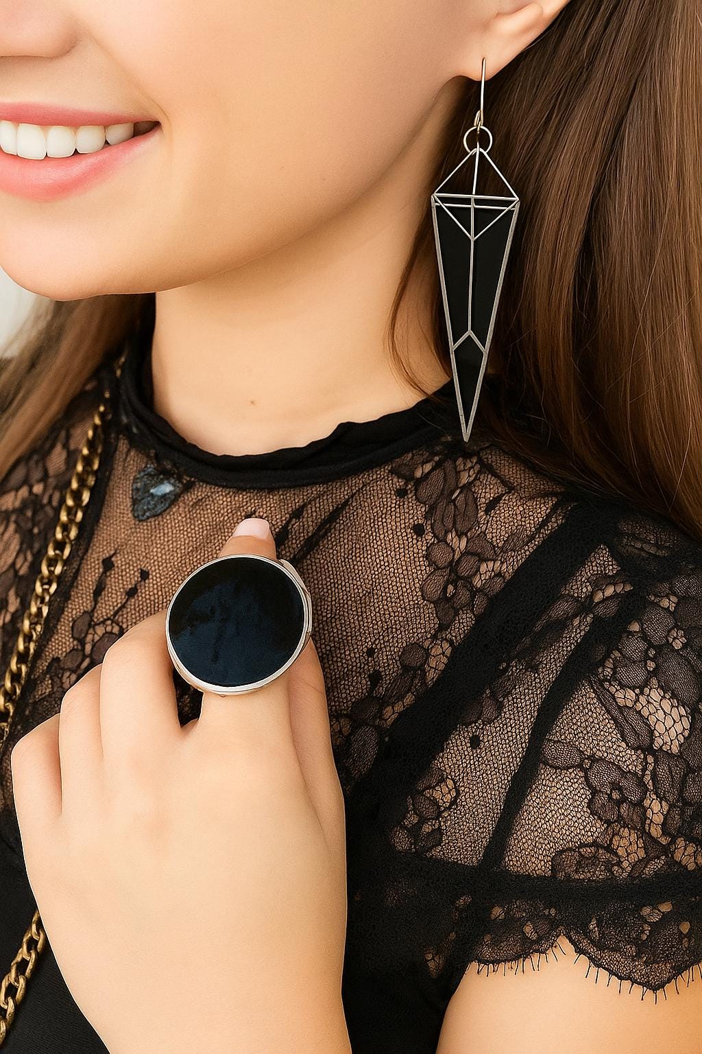 Black glass statement earrings styled with modern outfit