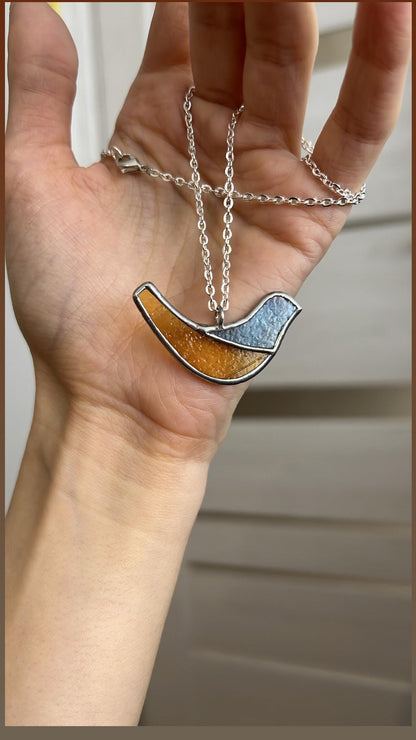 Handmade stained glass bird necklace pendant detail