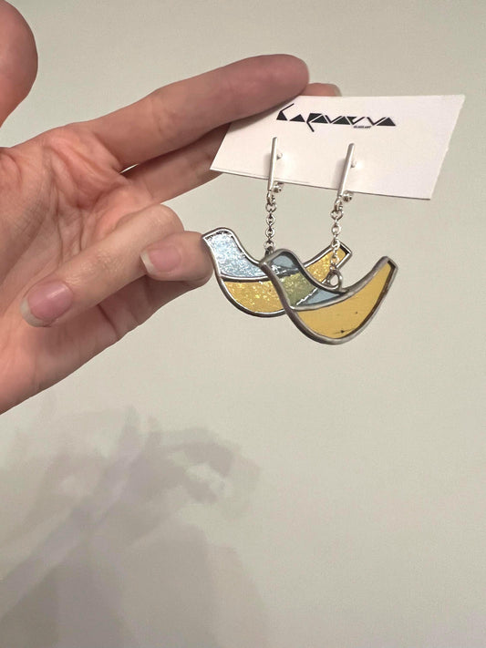 Handmade stained glass bird dangle earrings blue and yellow