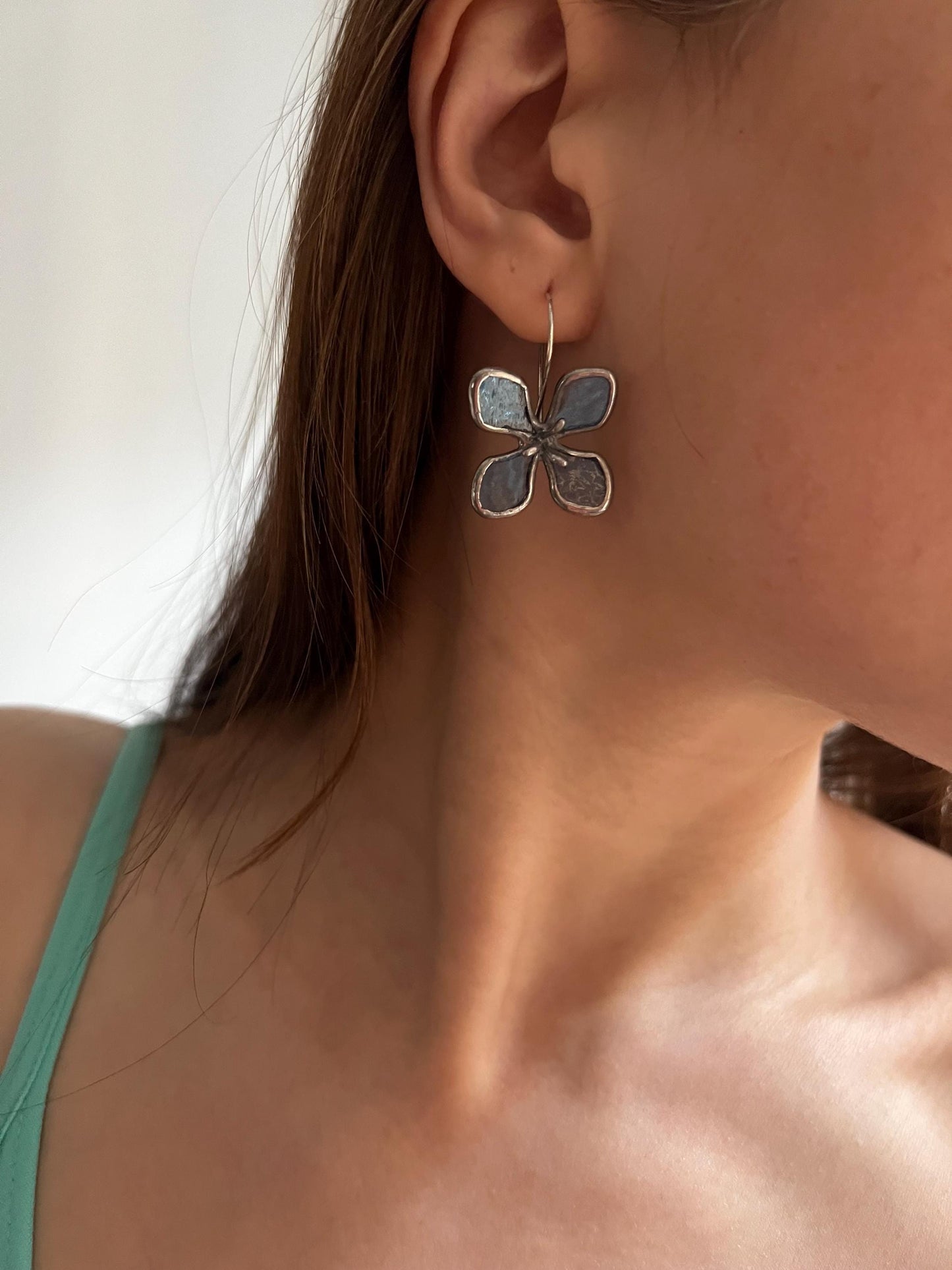 Blue Hydrangea Stained Glass Earrings – Artistic Handmade Floral Gift