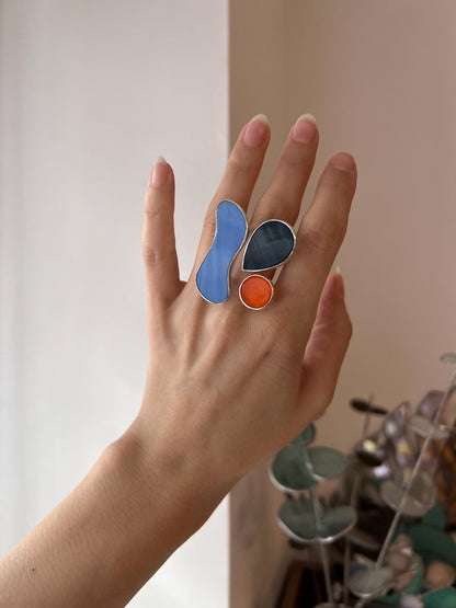 Modern Glass Silver Ring – Abstract Blue Orange Jewelry, Contemporary Art Ring