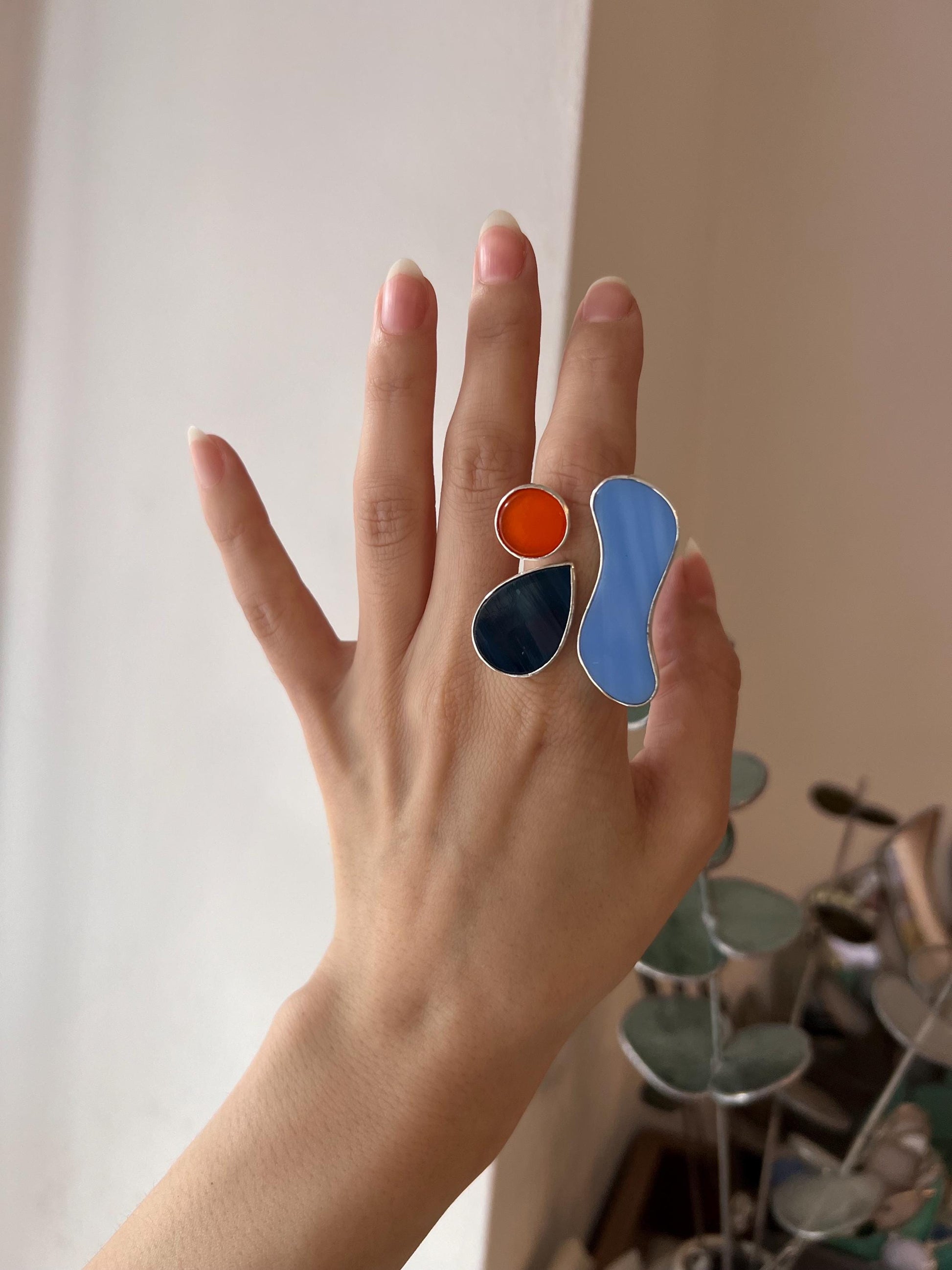 Modern Glass Silver Ring – Abstract Blue Orange Jewelry, Contemporary Art Ring