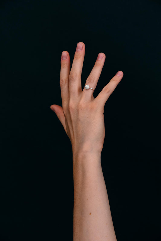 925 silver ring with a small textured ball on a woman's hand - minimalist textured ring.