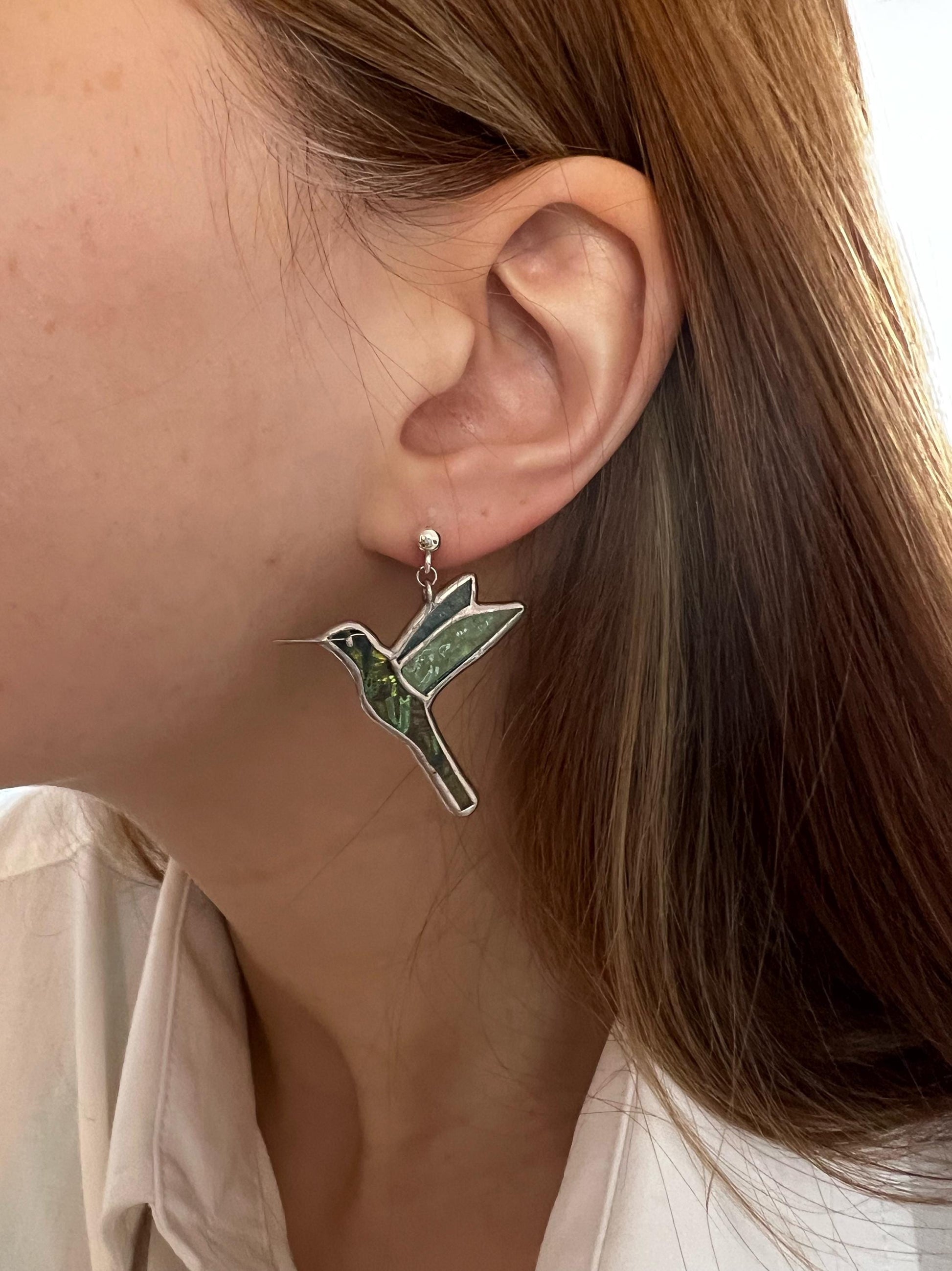 Cute bird earrings, stained glass hummingbird earrings, spring jewelry, nature dangle earrings, anniversary gift, cottagecore earrings