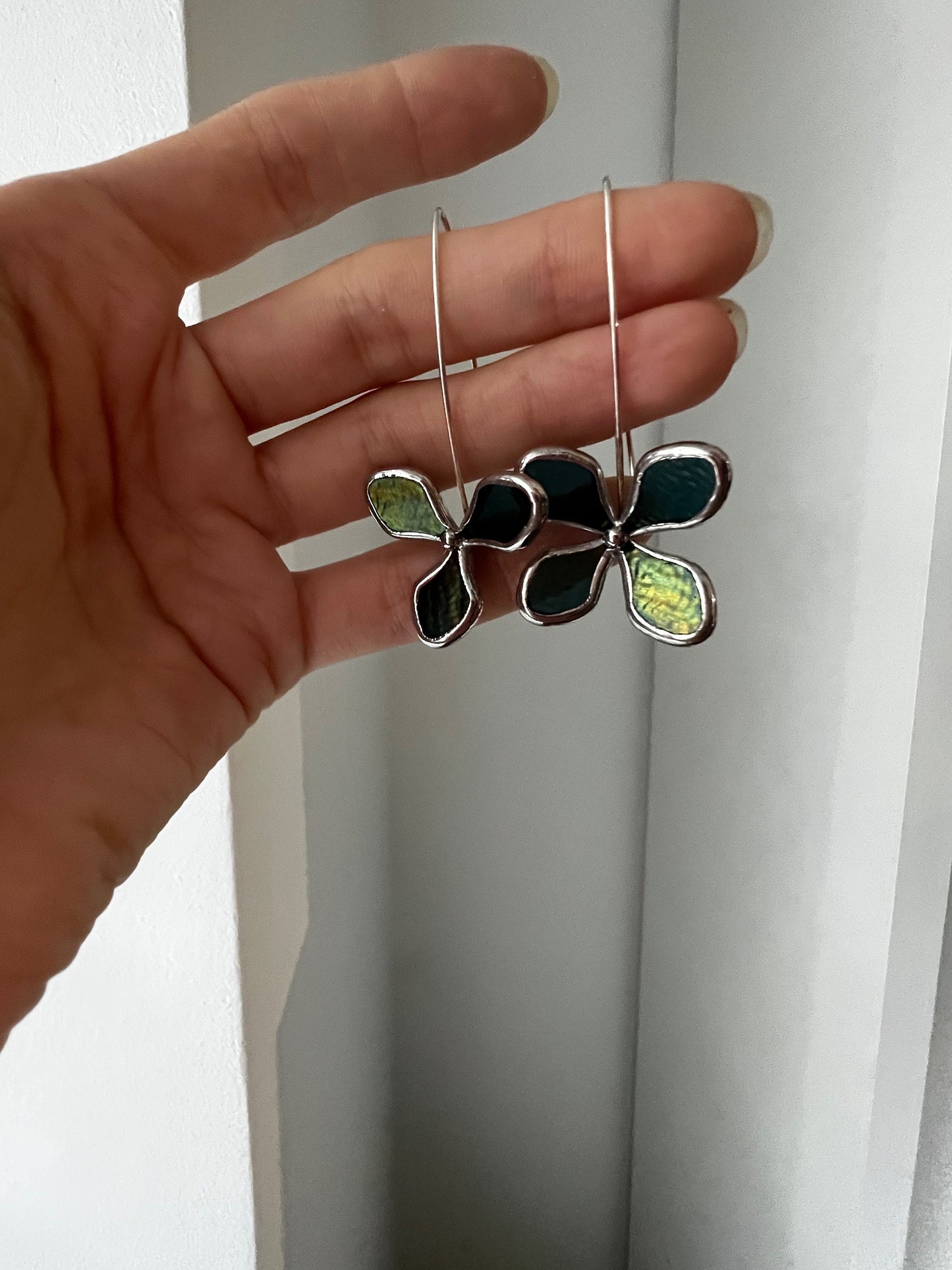 Stained glass flower jewelry in silver outline